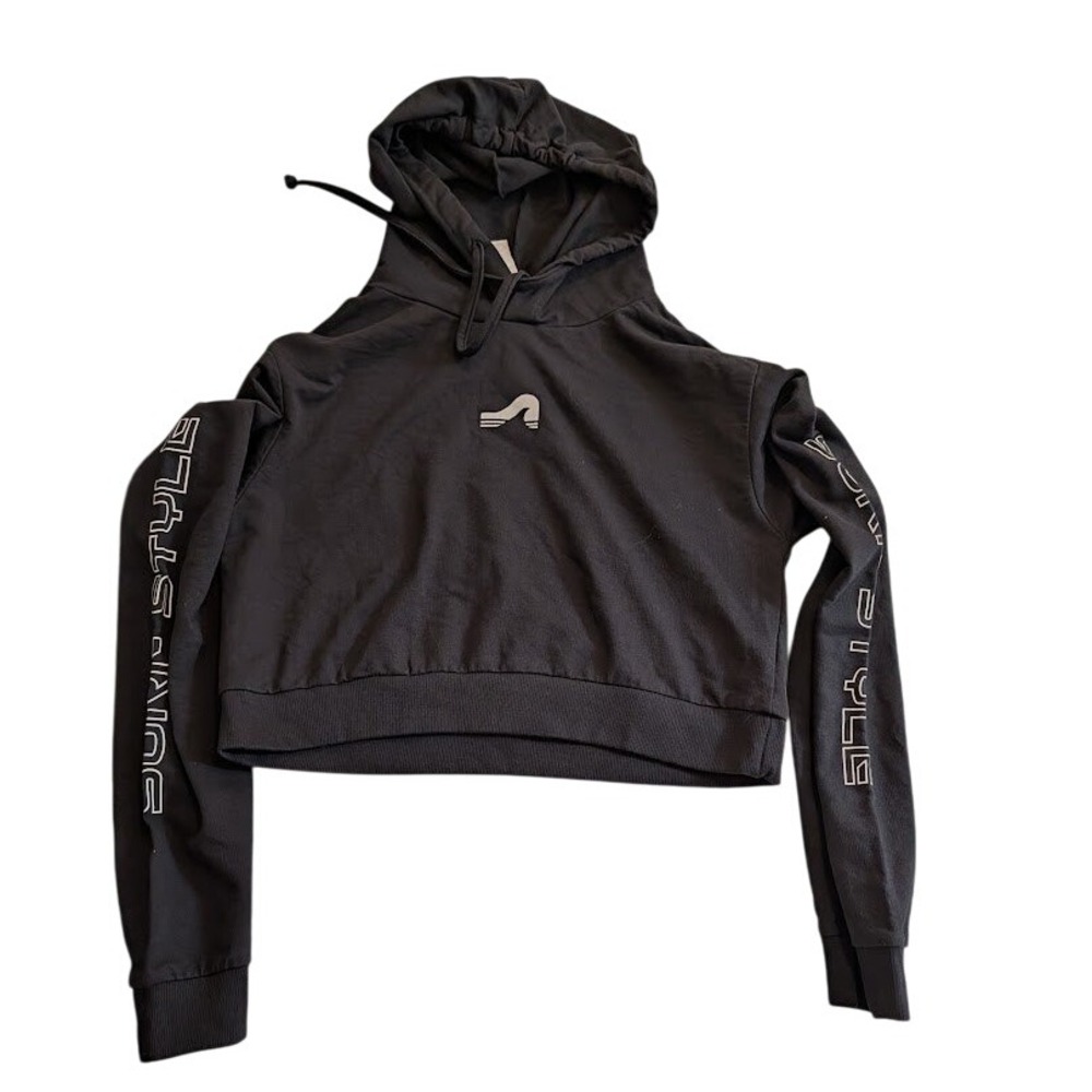 Surf Style Black Crop Top Hoodie Womens Small Long Sleeve Graphic Pullover